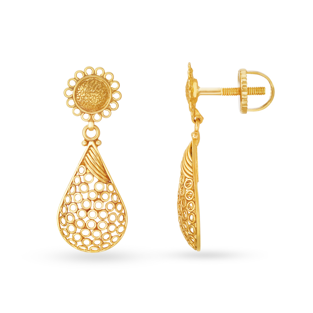 

Teardrop Pattern Gold Drop Earrings with Rava Work