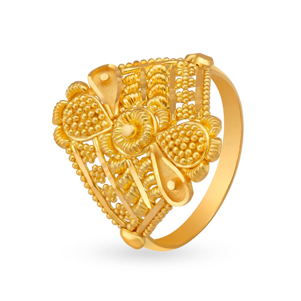 Classical Yellow Gold Beaded Floral Finger Ring