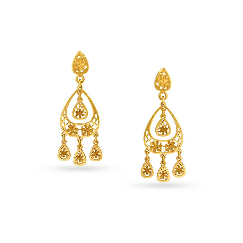 Teardrop Pattern Gold Drop Earrings With Jali Work