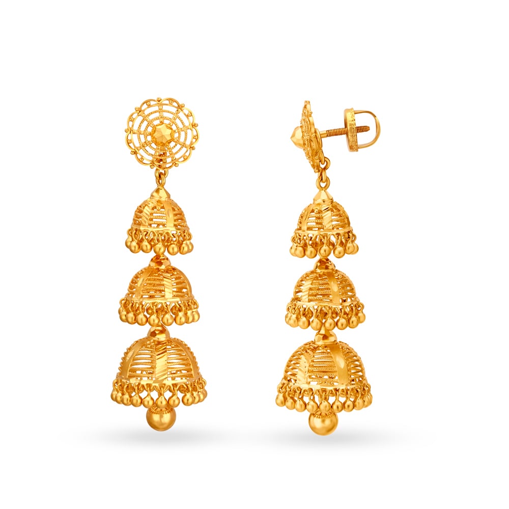 Traditional Elongated Gold Filigree 3 Layer Jhumkas