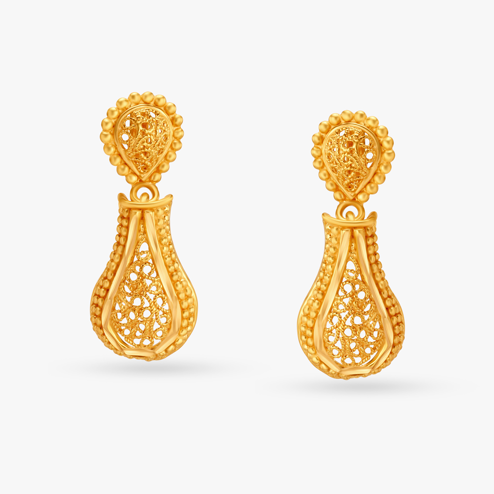 Traditional Gold Drop Earrings With Rava Work