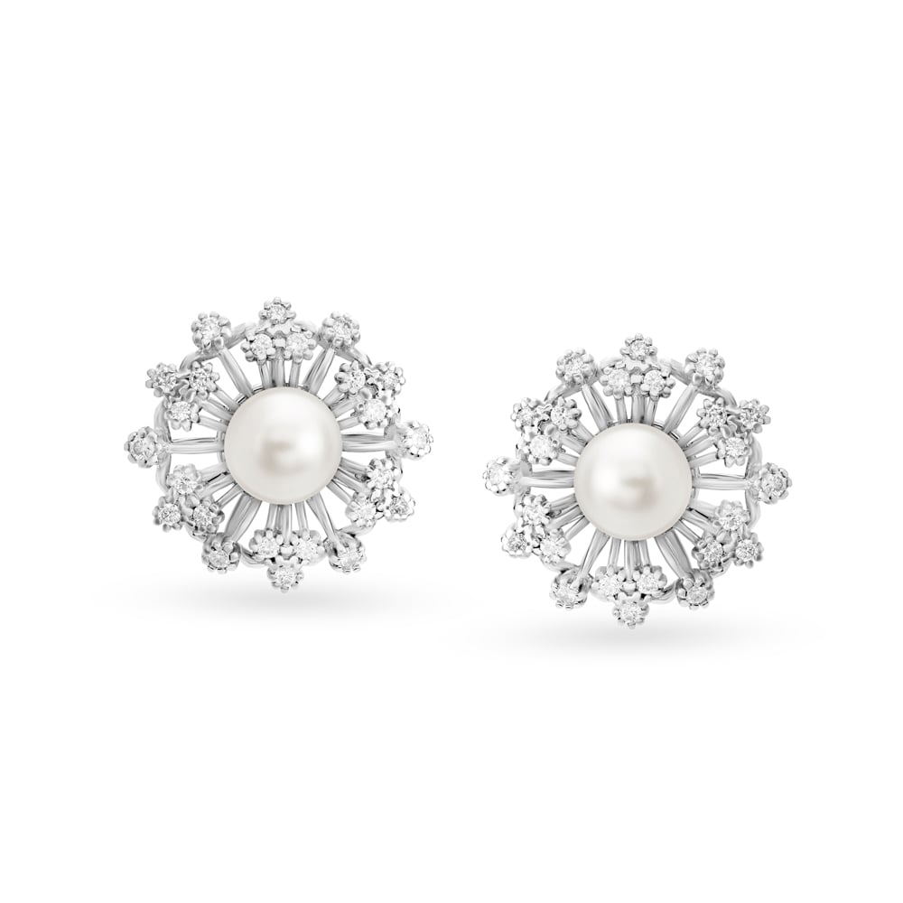 Genteel Flower Pearl and Diamond Rose Gold Stud Earrings