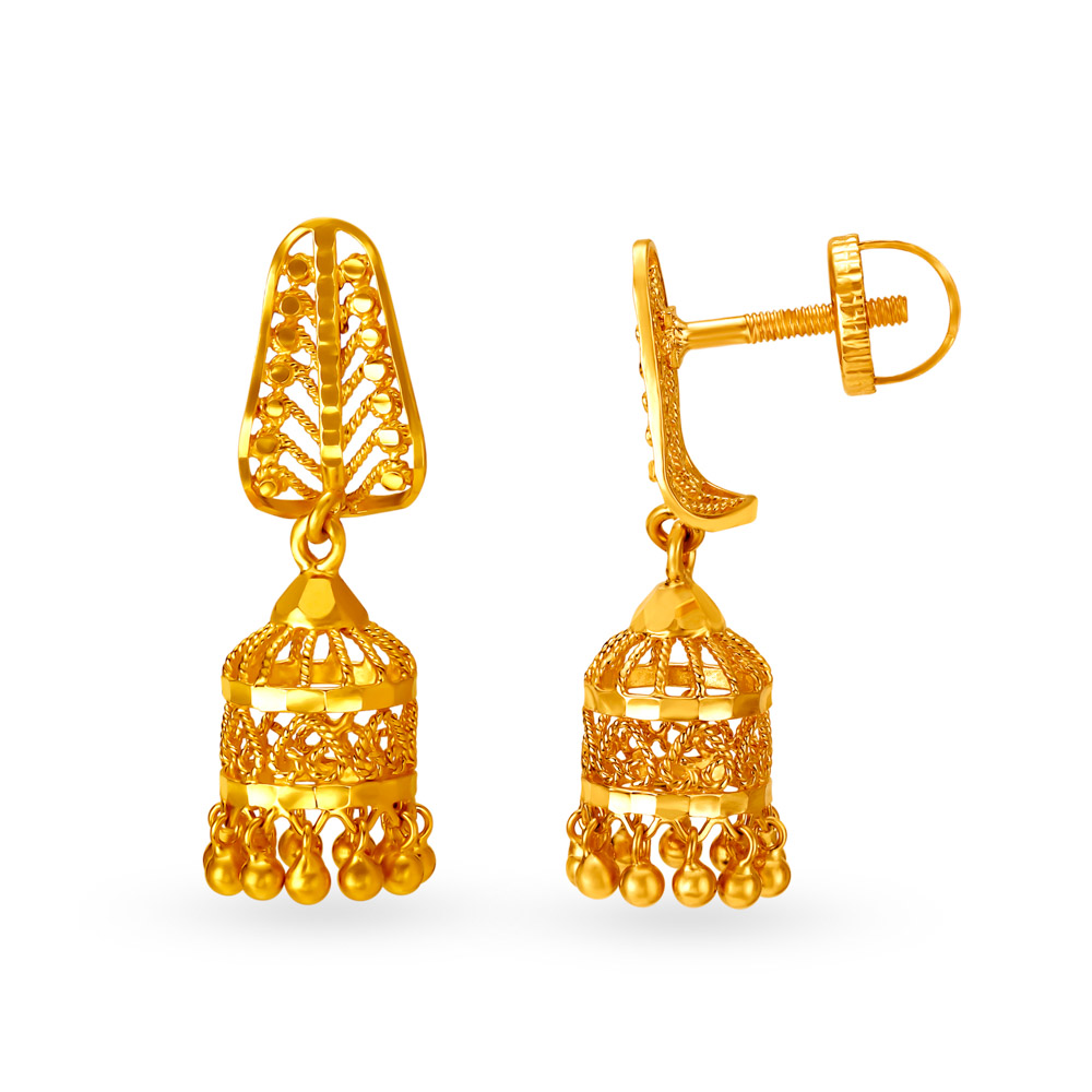 

Decorated 22 Karat Yellow Gold Filigree Jhumkas