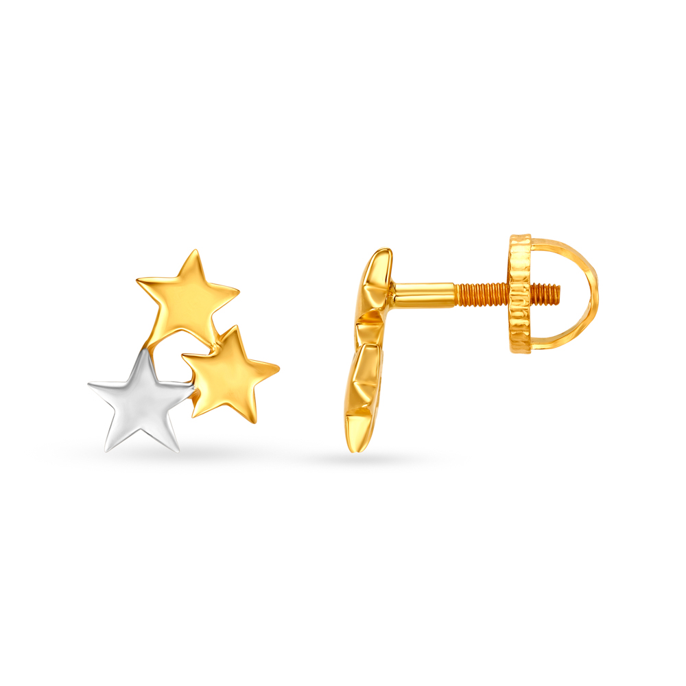 

Cute 22 Karat Gold And Rhodium-Polished Star-Patterned Studs