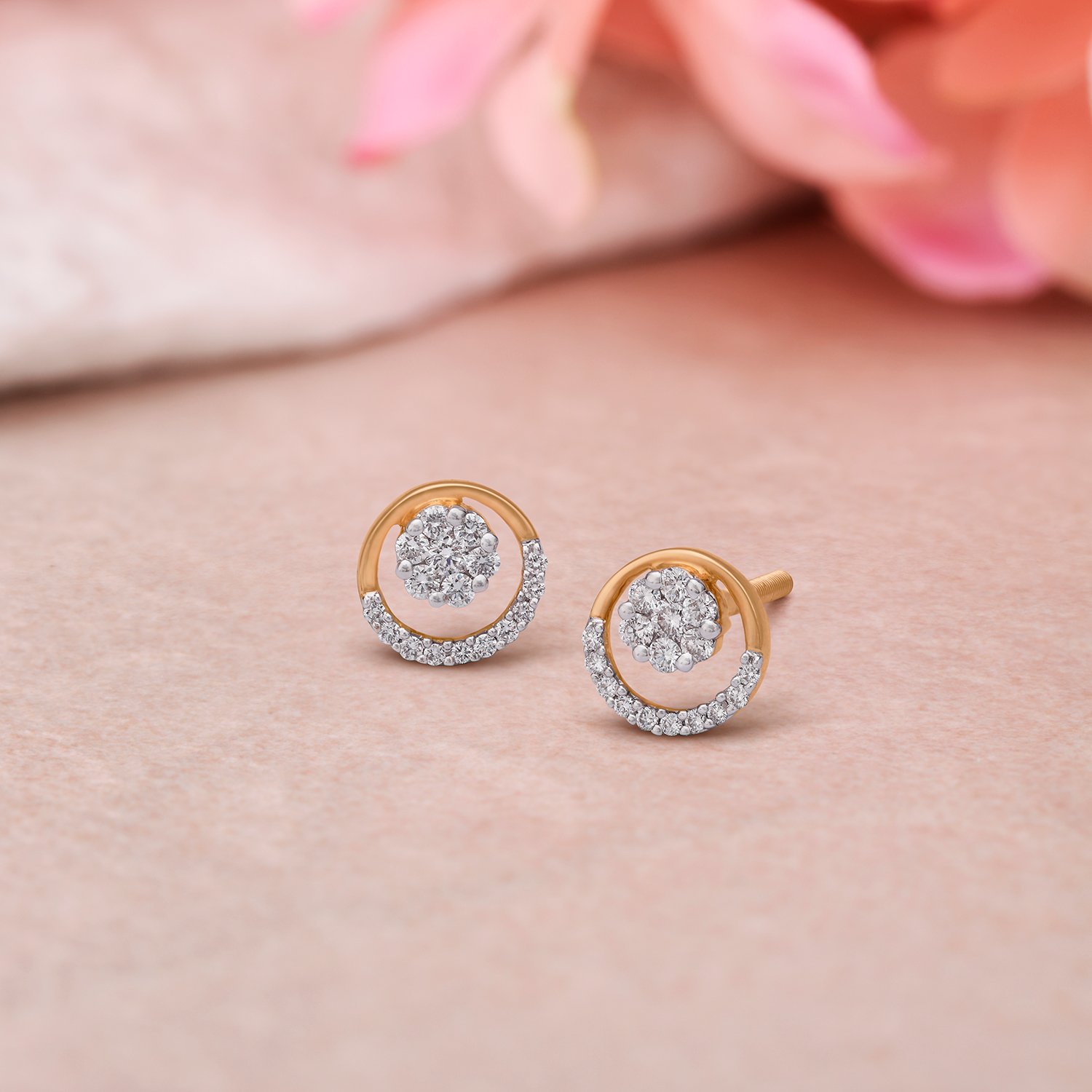 Round Floral Gold and Diamond Stud Earrings