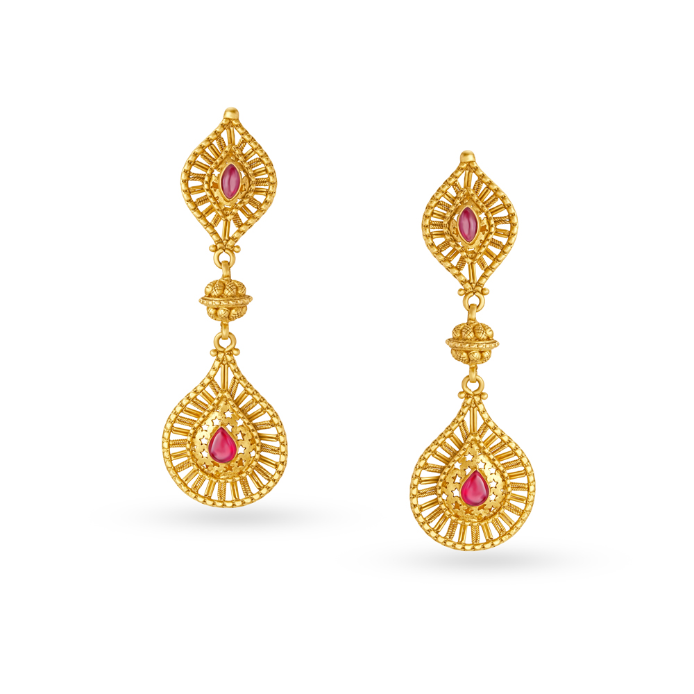 

Two Tiered Carved Gold Drop Earrings