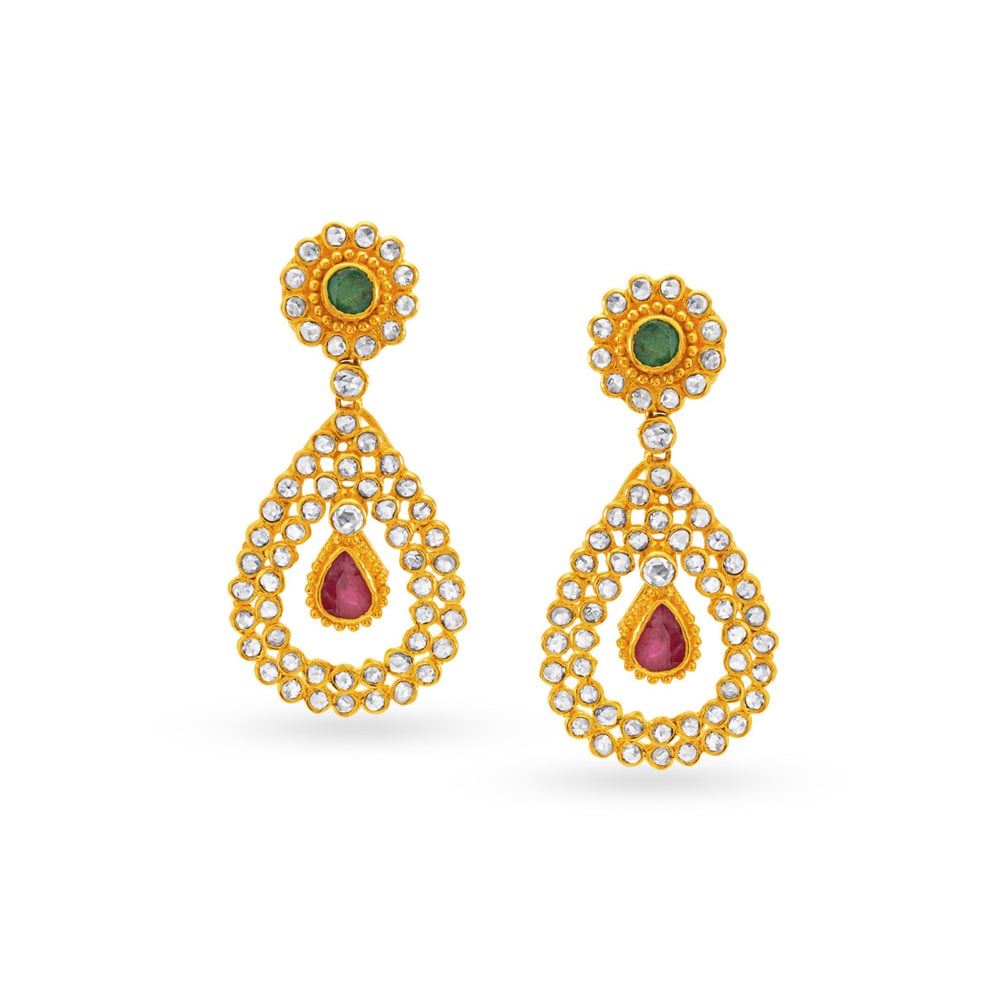 

Teardrop Motif Emerald And Ruby Gold Drop Earrings