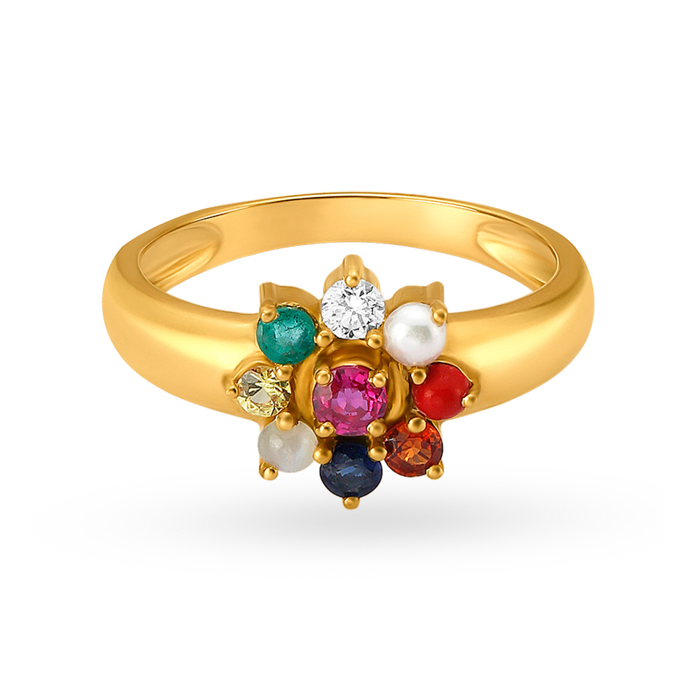 Navaratna 22 Karat Yellow Gold And Diamond Finger Ring