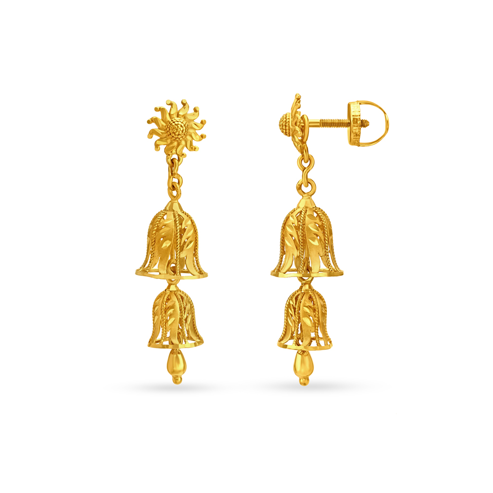 

Artistic Yellow Gold Tiered Floral Jhumkas