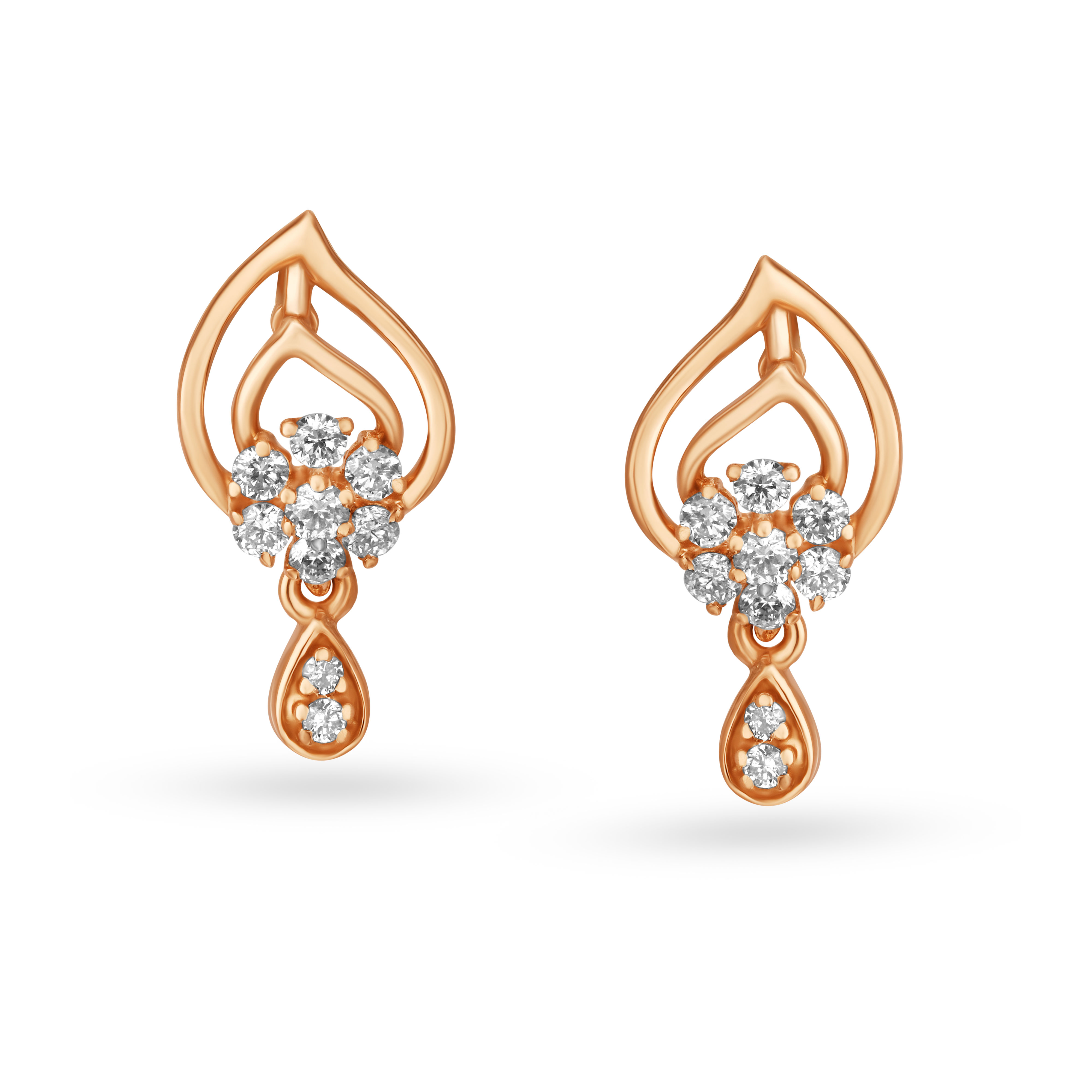Leaf Inspired Rose Gold and Diamond Drop Earrings