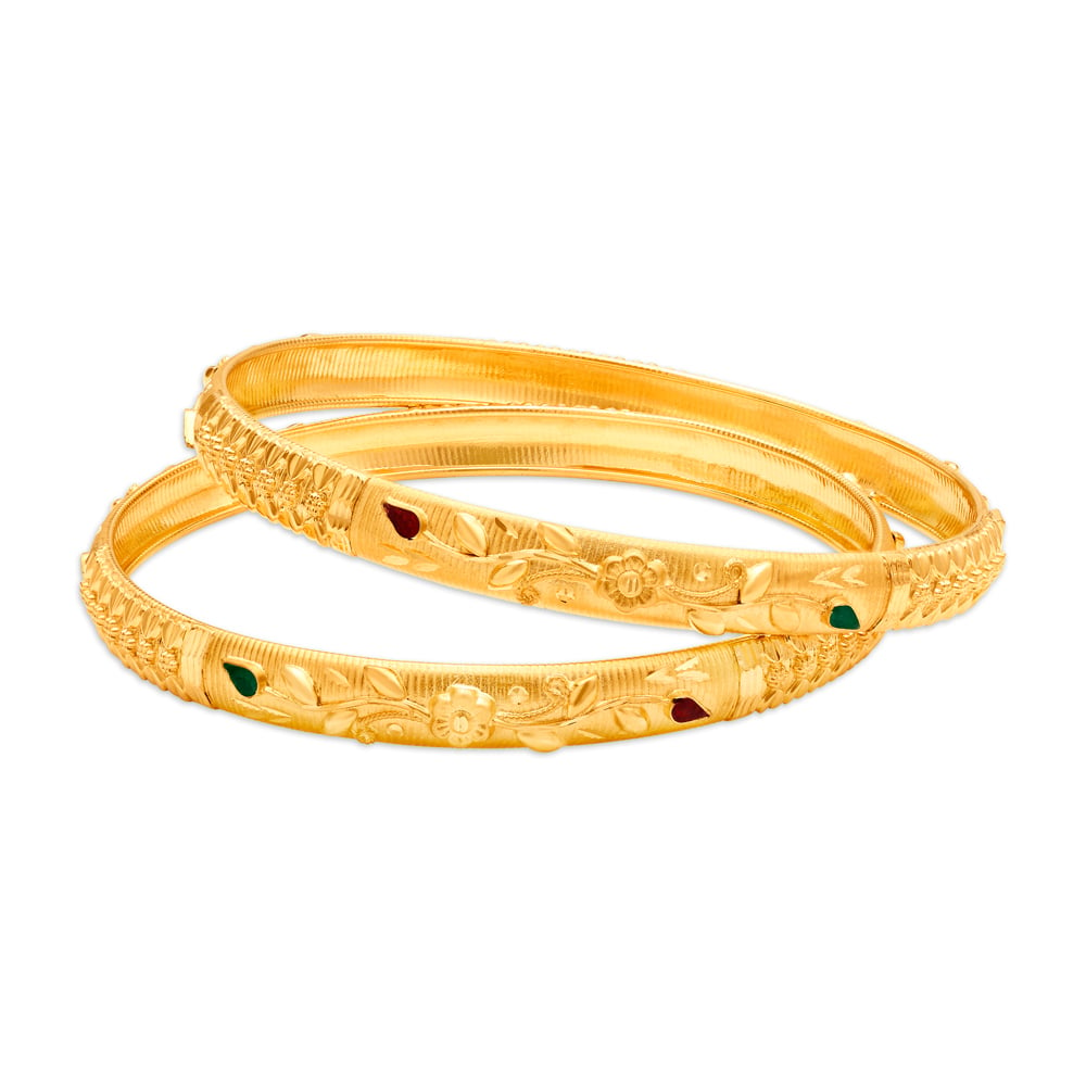 

Blossoming Yellow Gold Floral Carved Bangles