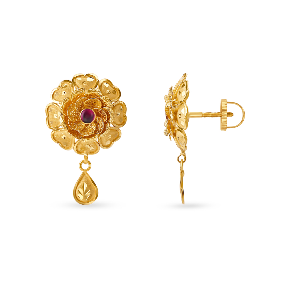 

Exuberant Gold Drop Earrings with Coloured Stone