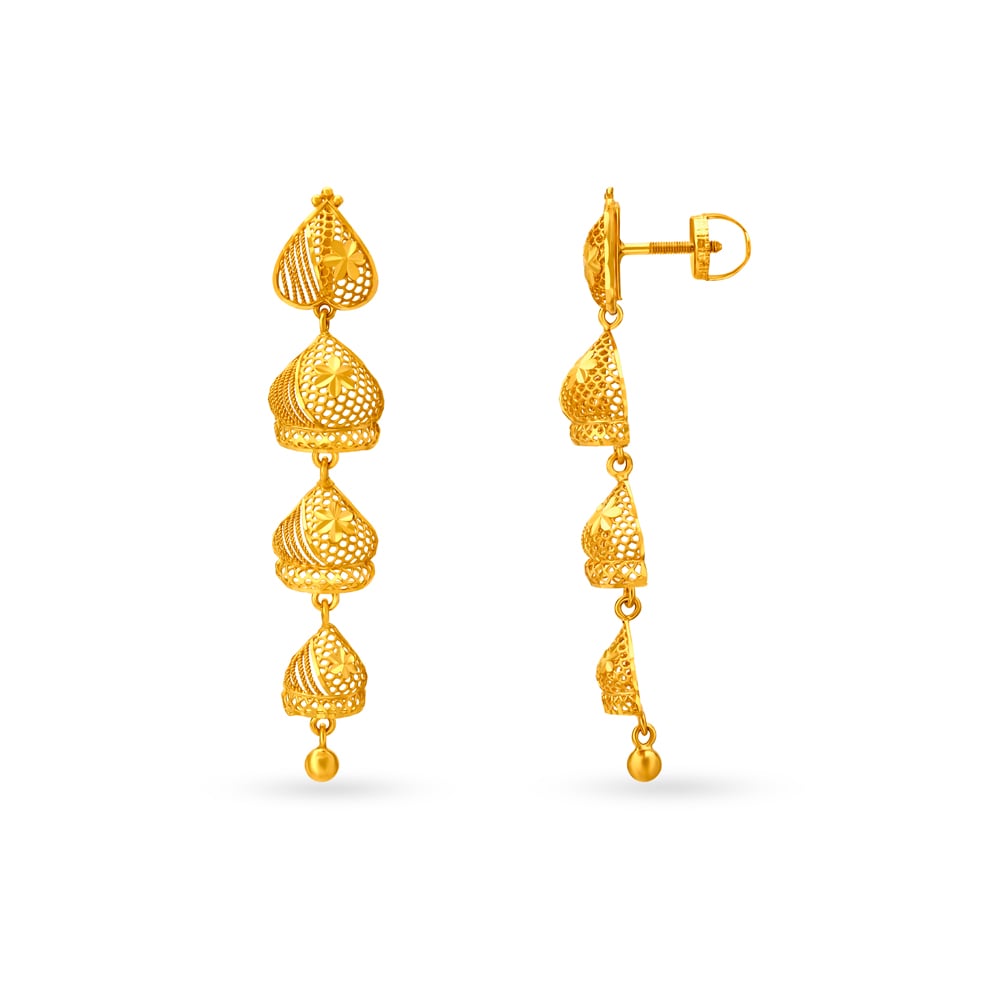 

Opulent Yellow Gold Tiered Spade Jhumkas