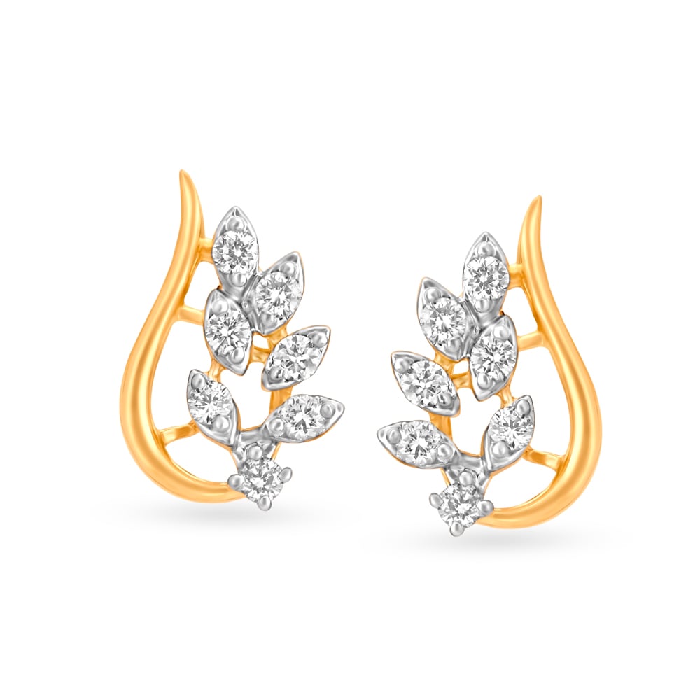 Gentle Leaves Gold and Diamond Stud Earrings