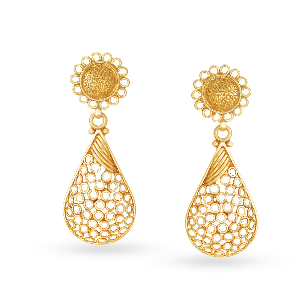 

Teardrop Pattern Gold Drop Earrings with Rava Work