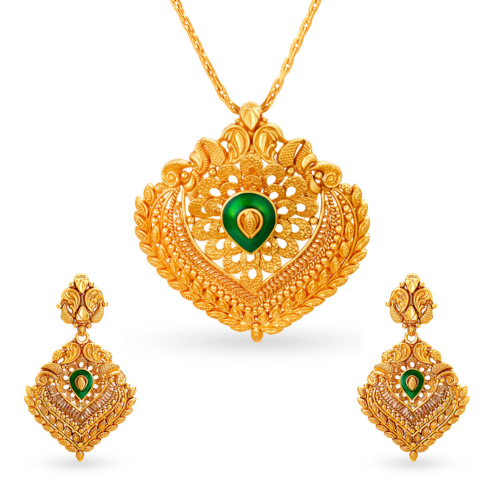 

Opulent Gold Pendant and Earrings Set