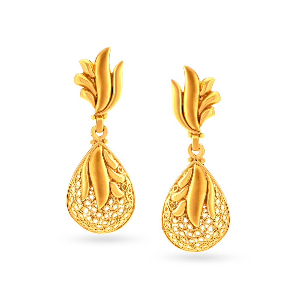 Contemporary Gold Jali Work Drop Earrings