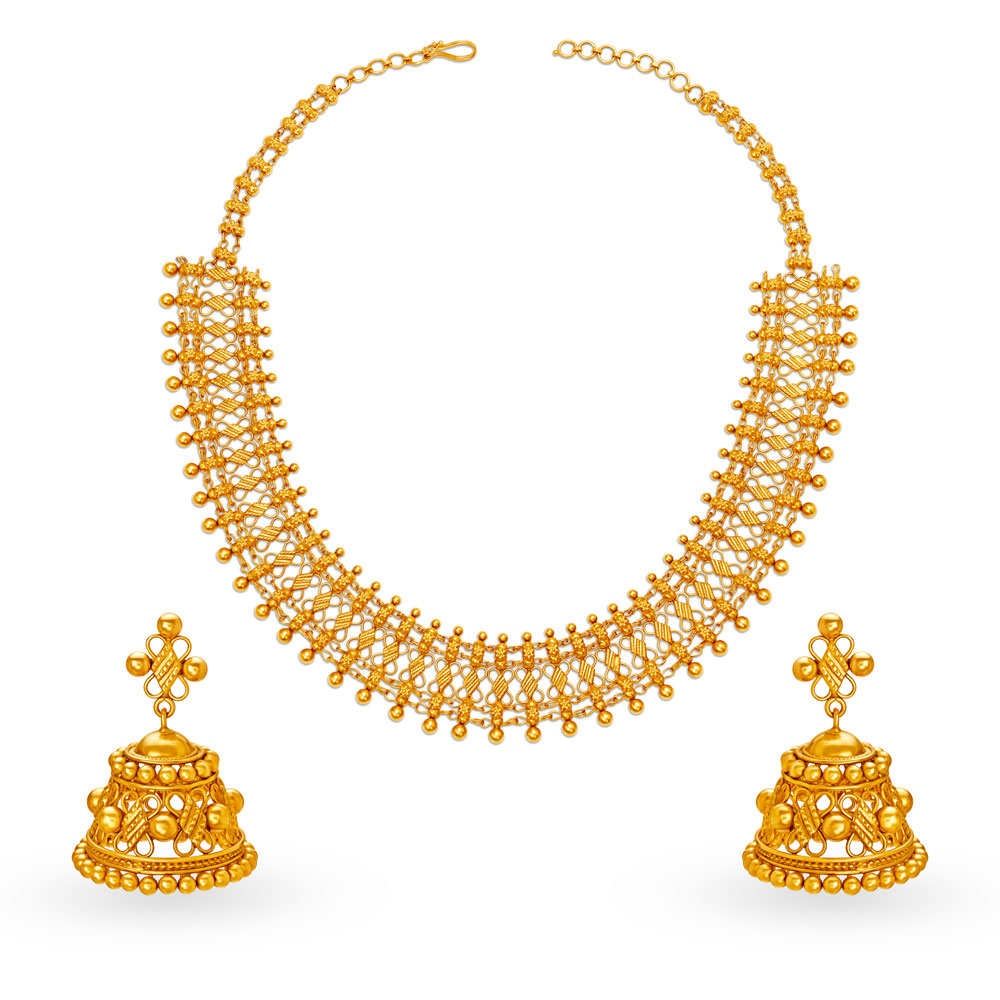 

Rustic 22 Karat Yellow Gold Beaded Link Necklace And Earrings Set