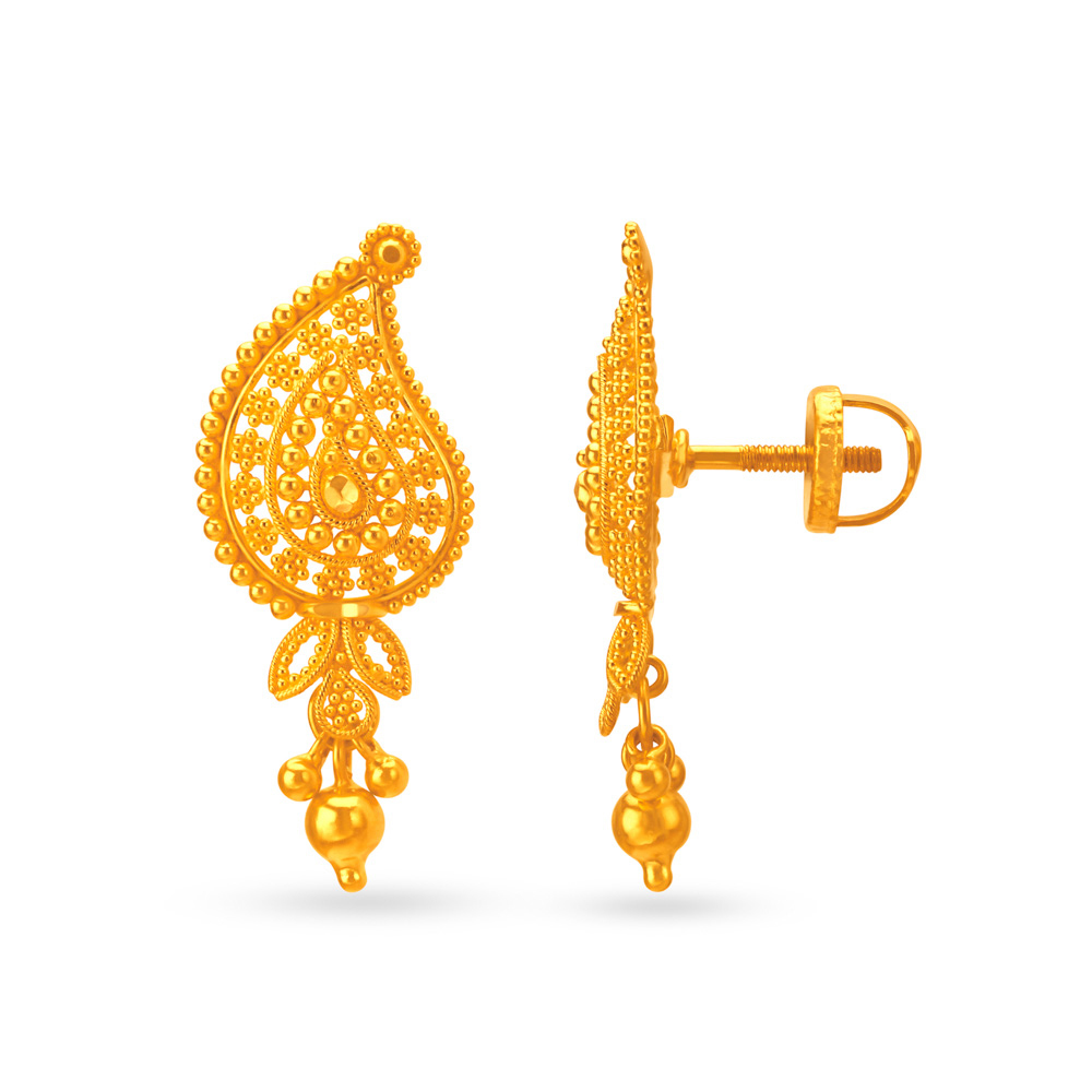 

Alluring Mango Shape Rawa Work Drop Earrings