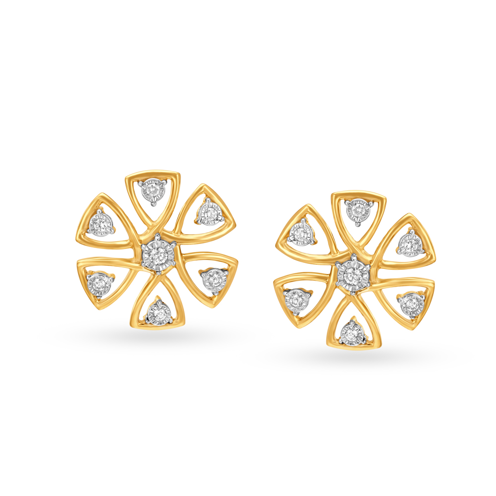 Classy 18 Karat Yellow and White Gold And Diamond Flower Stud Earrings
