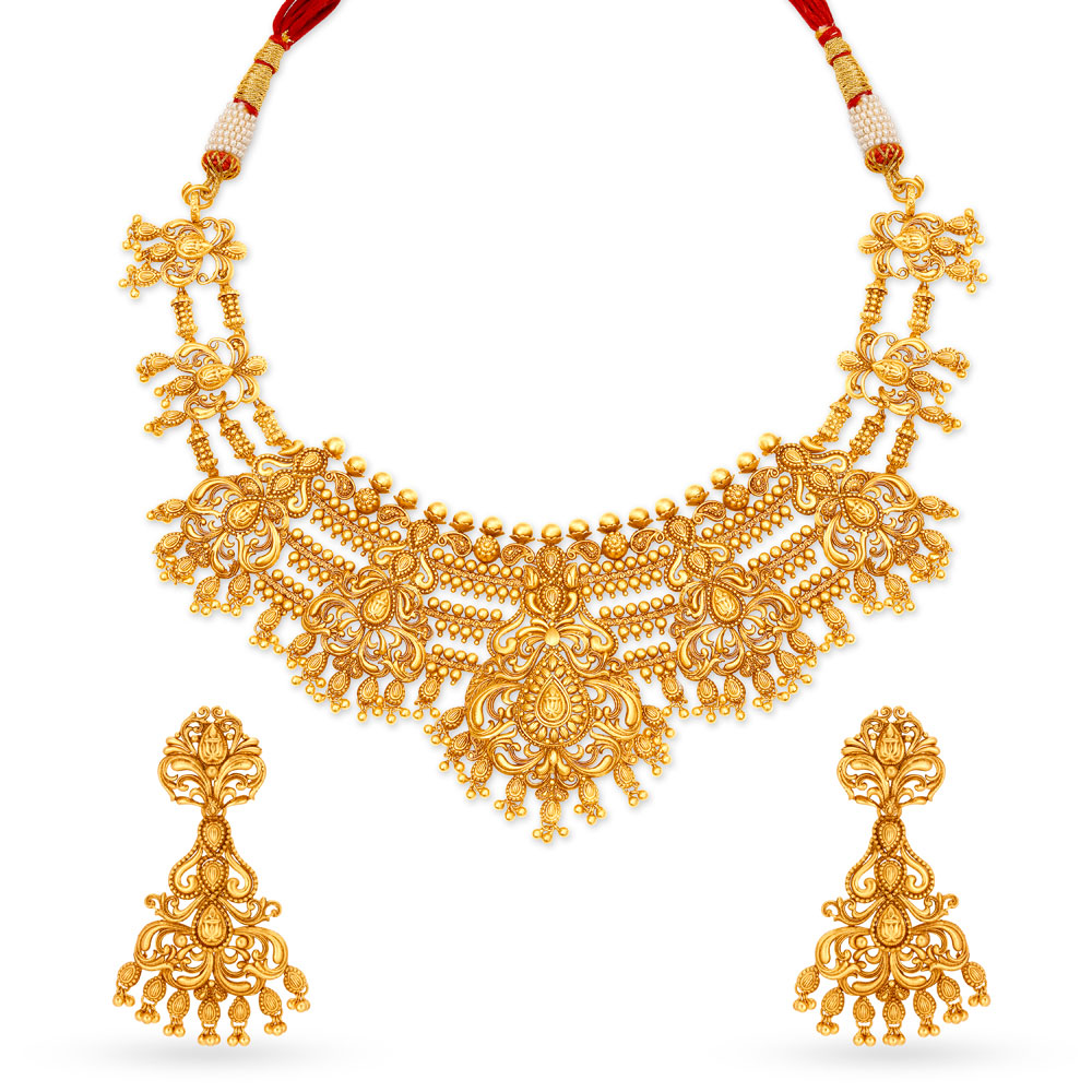 Splendid Rawa Work Gold Necklace Set