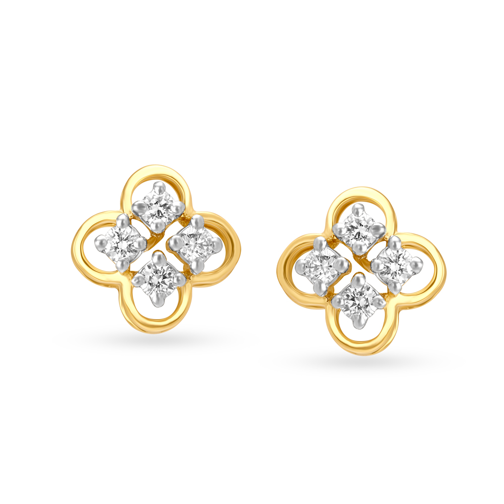 Subtle Flower Motif Gold and Diamond Stud Earrings