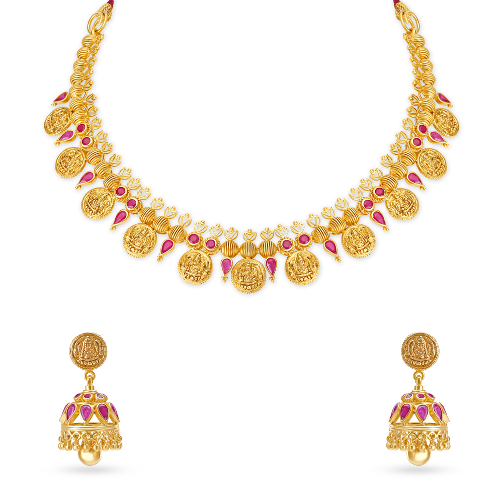 

Enchanting Deity Gold Kasu Necklace Set with Rubies