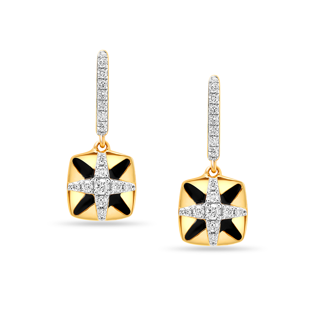 18 KT Yellow Gold Abstract Glam Diamond and Onyx Drop Earrings