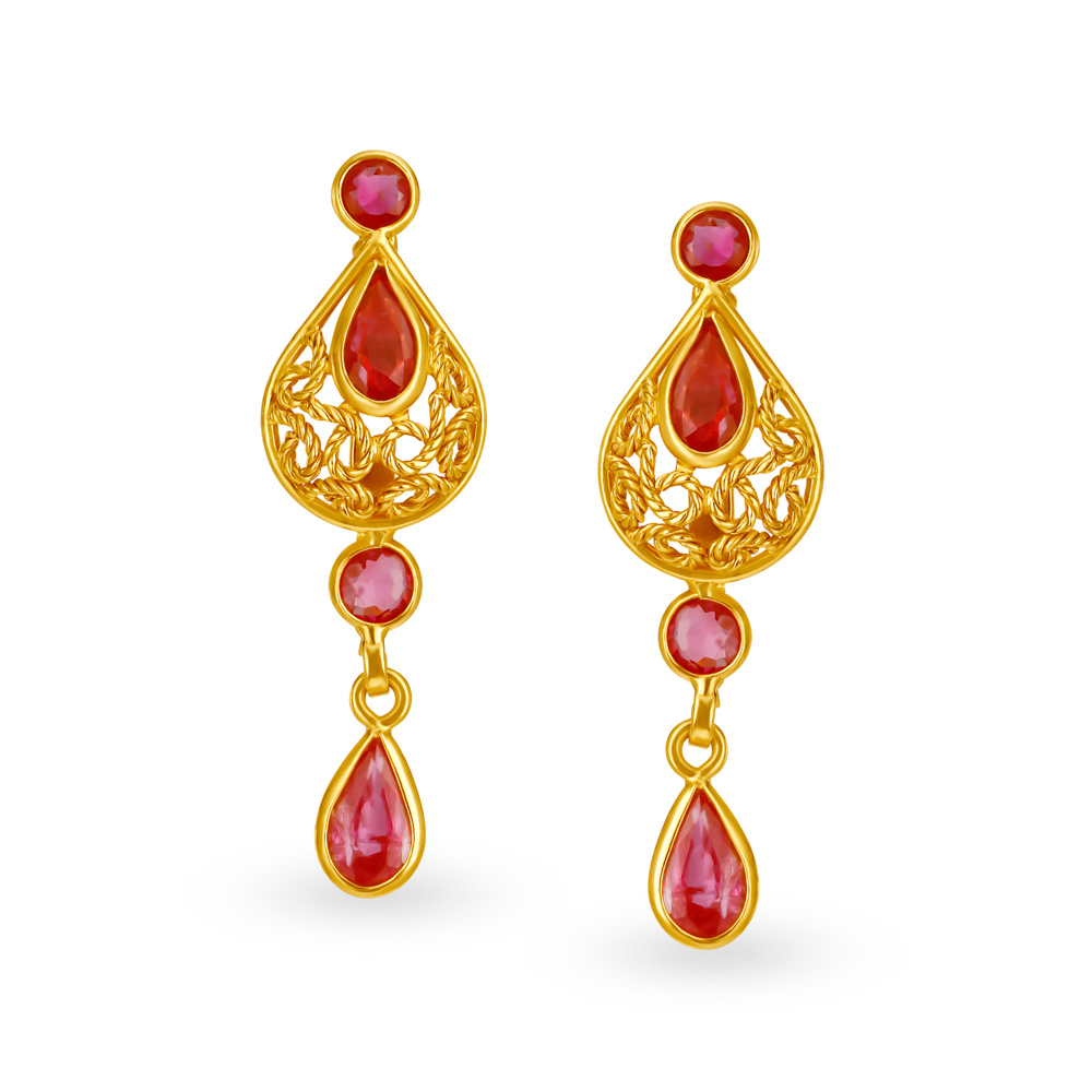 Filigree 22 Karat Gold And Ruby Drop Earrings