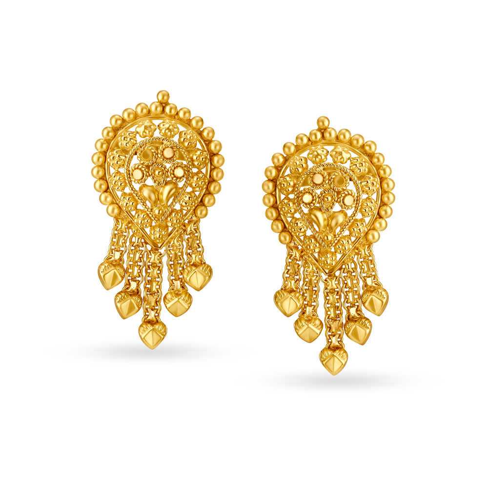 Heart And Floral Motif Gold Drop Earrings