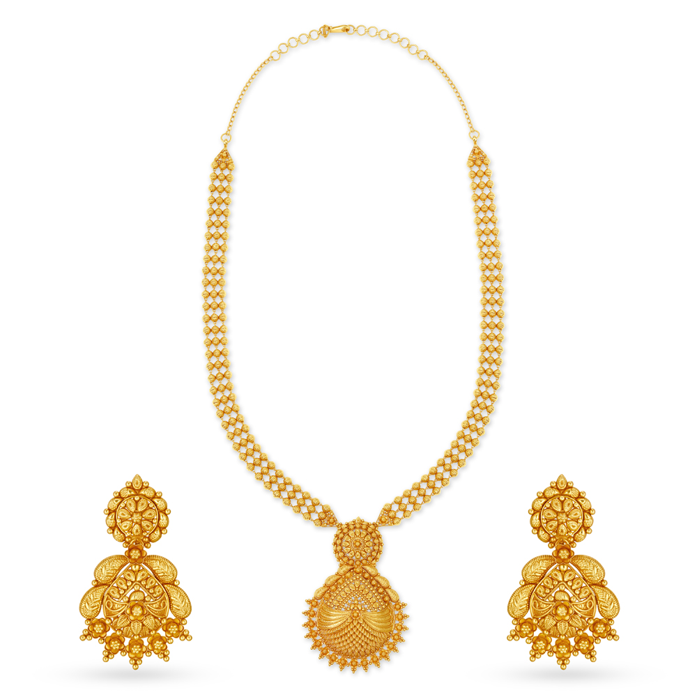 

Heavenly Rawa Work Floral Gold Necklace Set