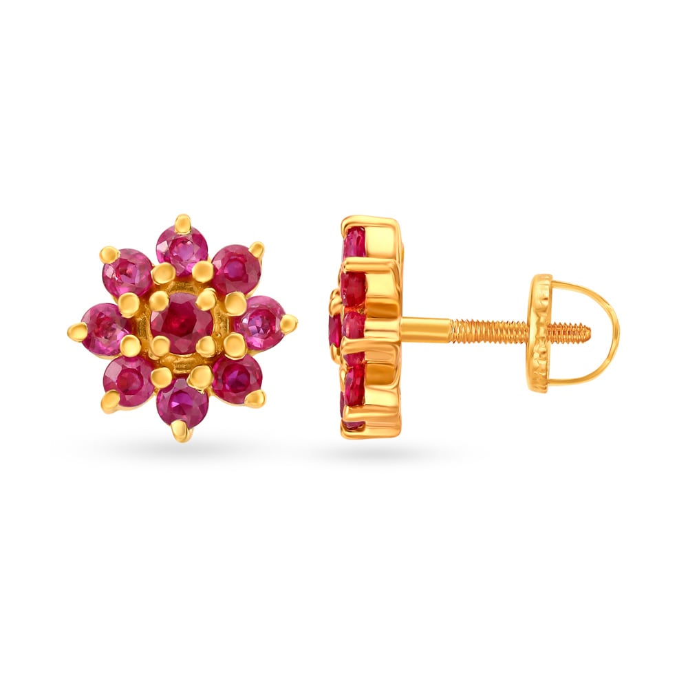 

Irresistible 18 Karat Yellow Gold Ruby-Embellished Petals Stud Earrings