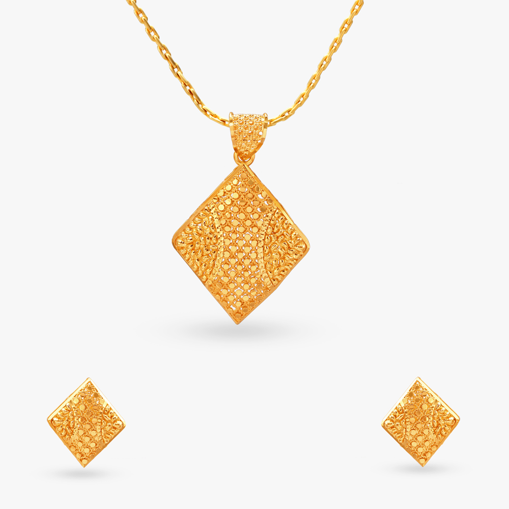 

Geometric Elegance Gold Pendant and Earrings Set