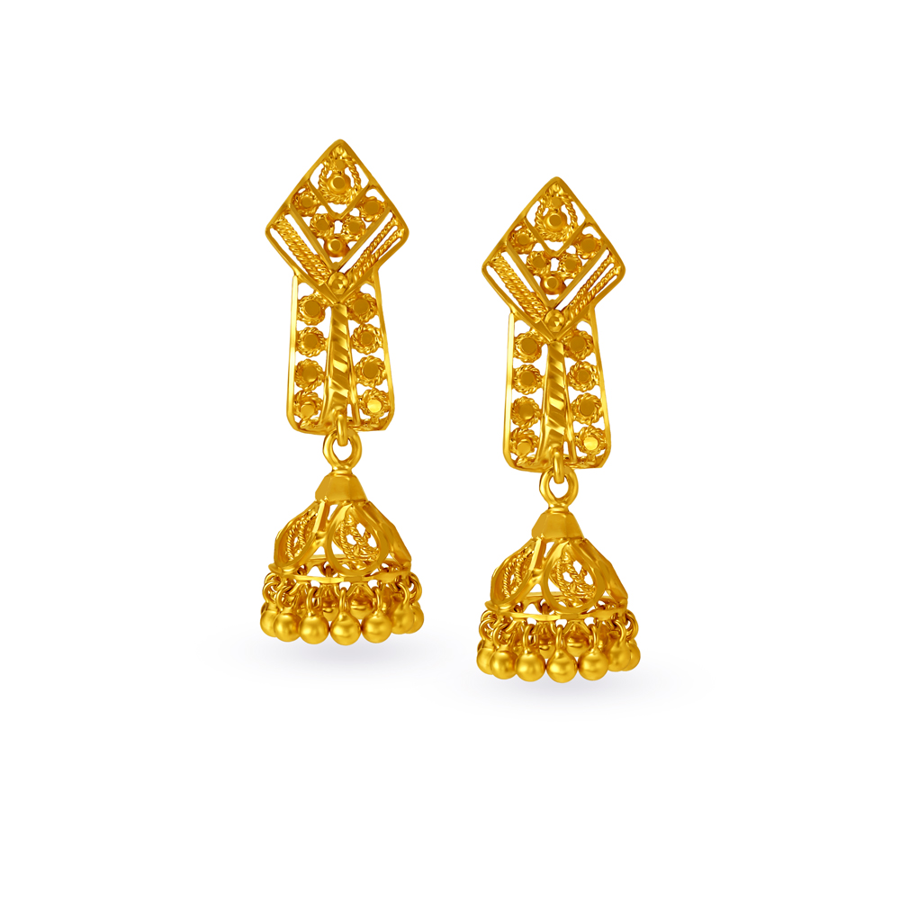 Enchanting 22 Karat Yellow Gold Mesh Pattern Jhumka Earrings