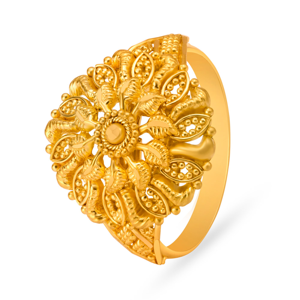 Ornate 22 Karat Yellow Gold Floral Beaded Ring