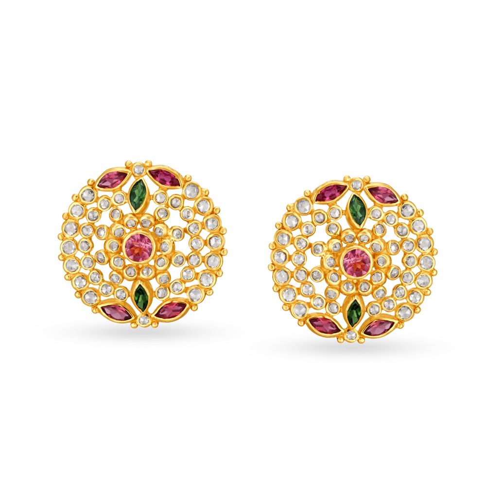 

Vibrant Stud Earrings with Un-cut Diamonds and Tourmalines