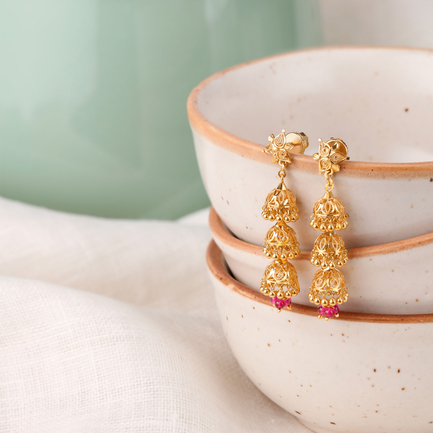 Three Layer Design Plain Gold Jimiki Earrings Office Wear ER2700