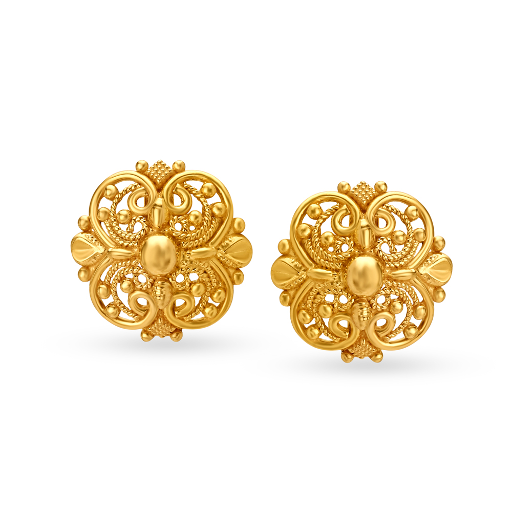 Regal 22 Karat Yellow Gold Floral Filigree Stud Earrings