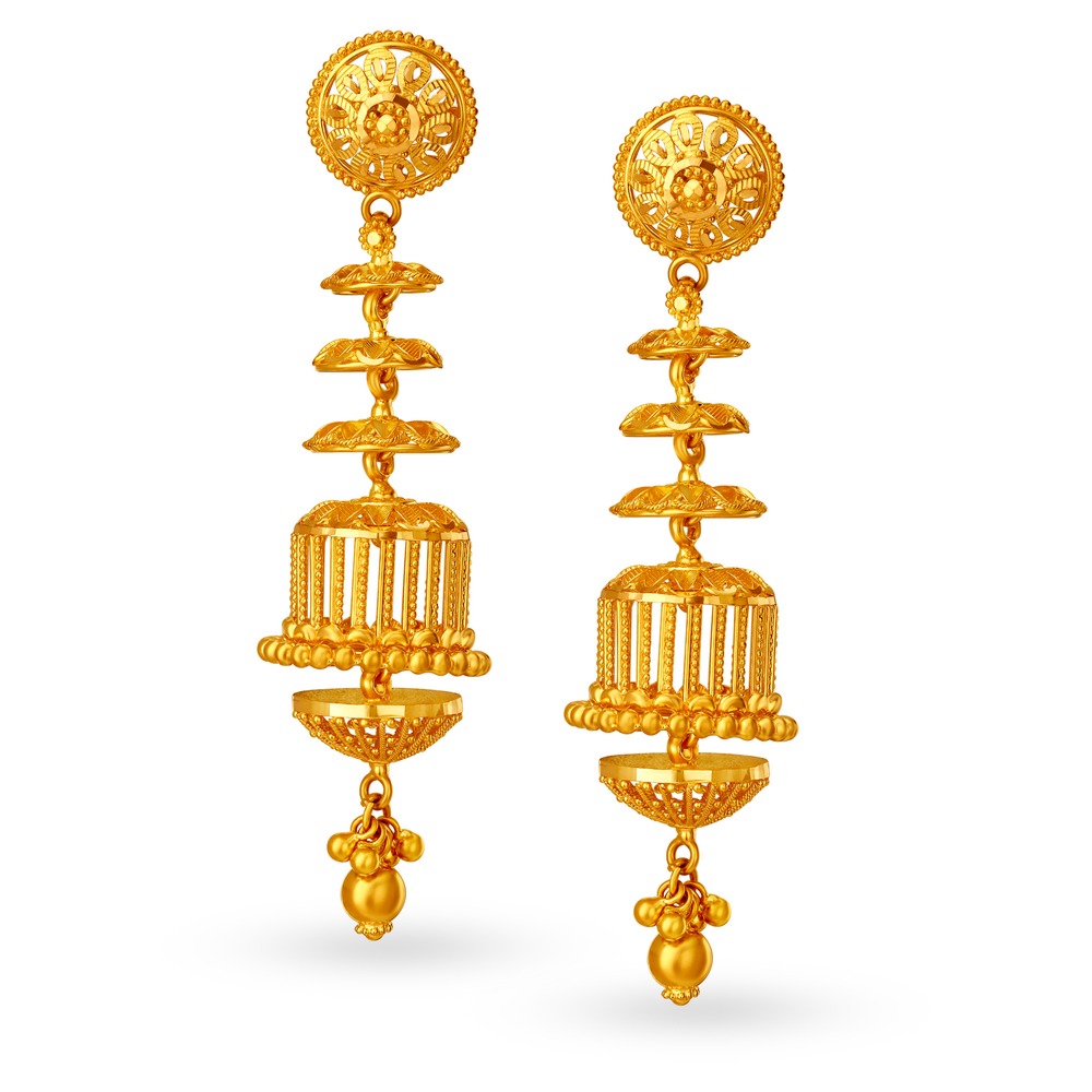 Graceful 22 Karat Yellow Gold Dangling Ornate Jhumkas