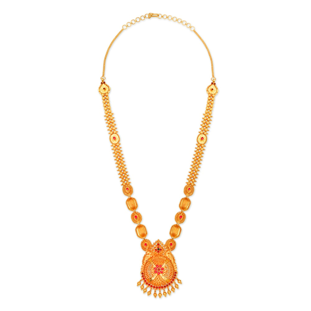 

Peacock Motif Rawa Work Gold Necklace Set