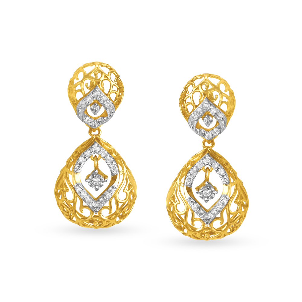 Fancy Filigree Gold and Diamond Drop Earrings