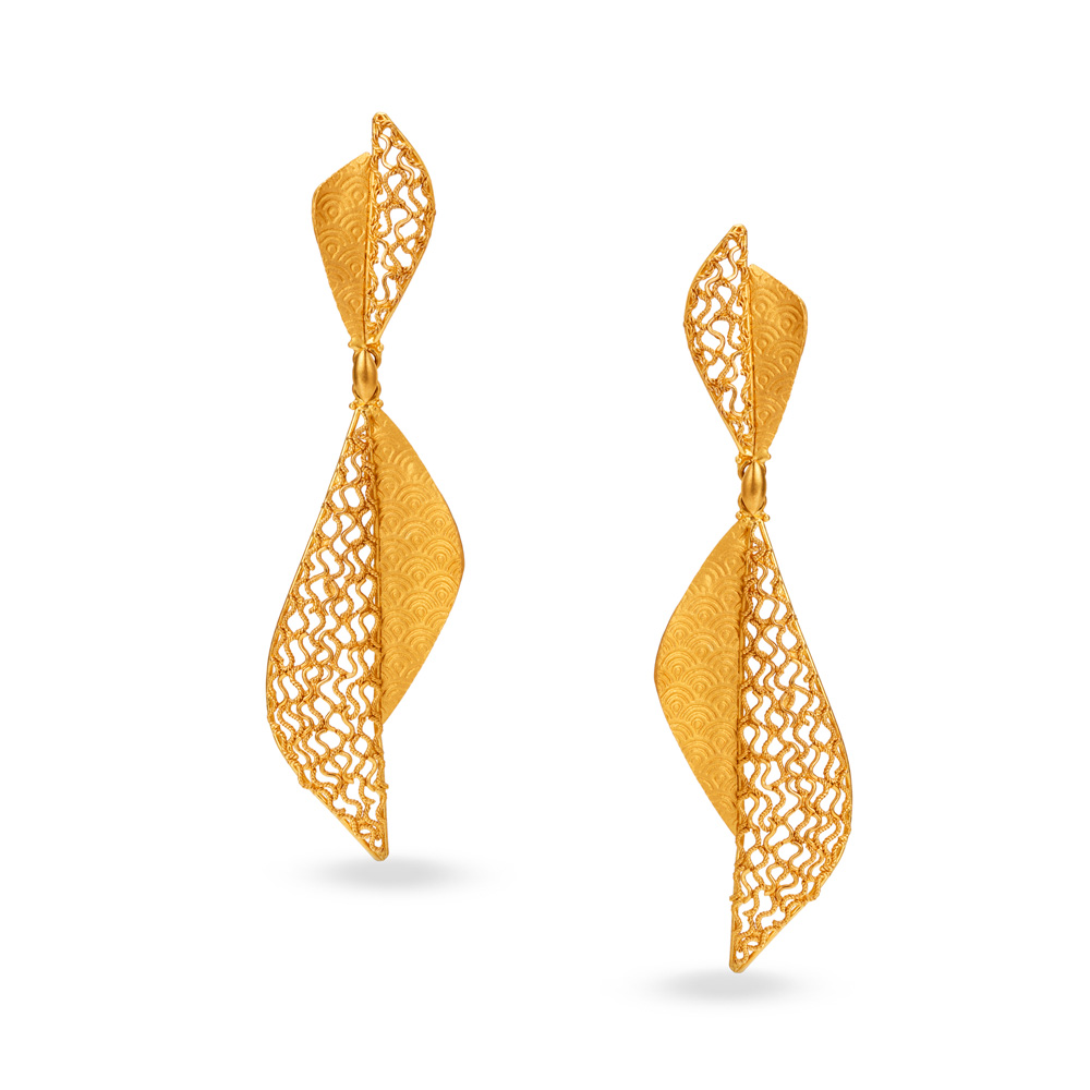 

Eccentric Filigree Jali Work Gold Drop Earrings