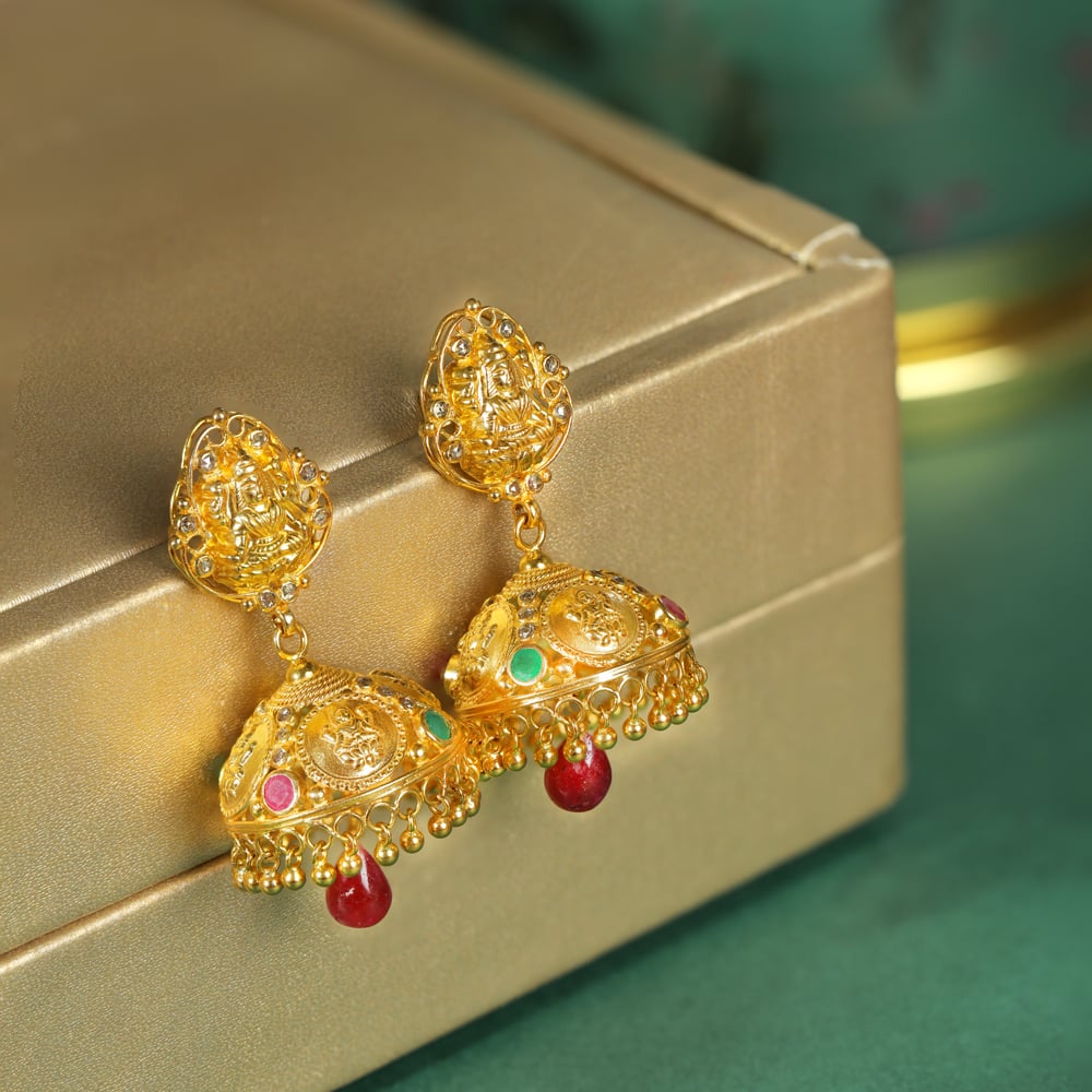 

Lakshmi Motif Emerald And Ruby Gold Drop Earrings