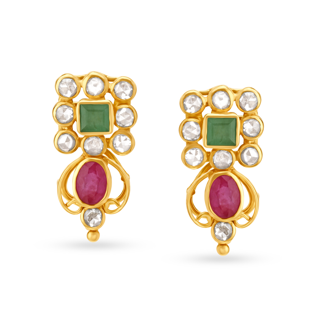 

Opulent Drop Earrings with Un-cut Diamonds, Emeralds and Rubies