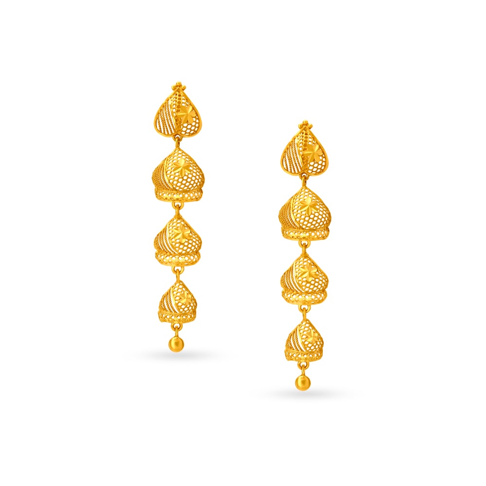 

Opulent Yellow Gold Tiered Spade Jhumkas