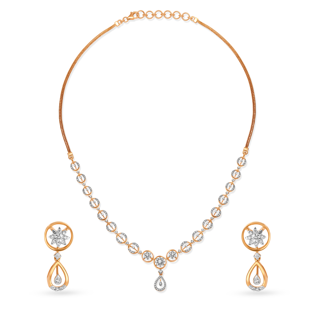 

Exuberant Rose Gold And Diamond Floral Orb Necklace Set