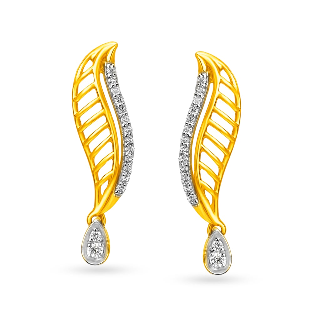 

Fancy Leaf Inspired Gold and Diamond Drop Earrings