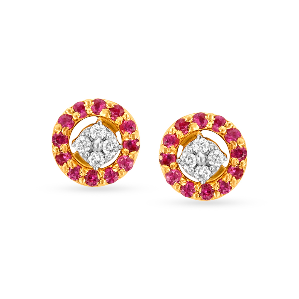 Circular Ruby and Diamond Stud Earrings