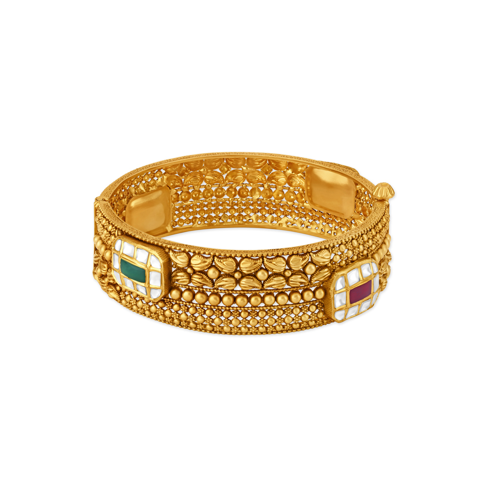 

Luxuriant Coloured Stones Studded Rawa Work Gold Bangle