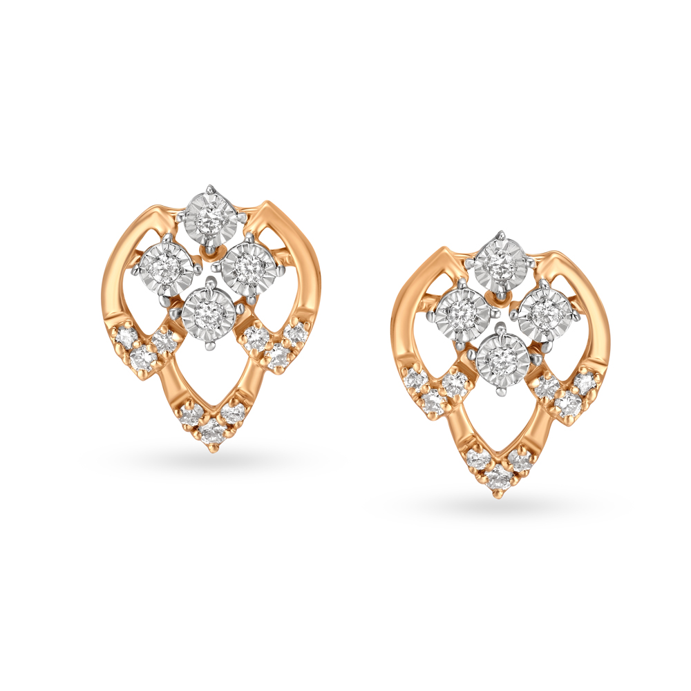 Triple Leaf Design White and Rose Gold and Diamond Stud Earrings